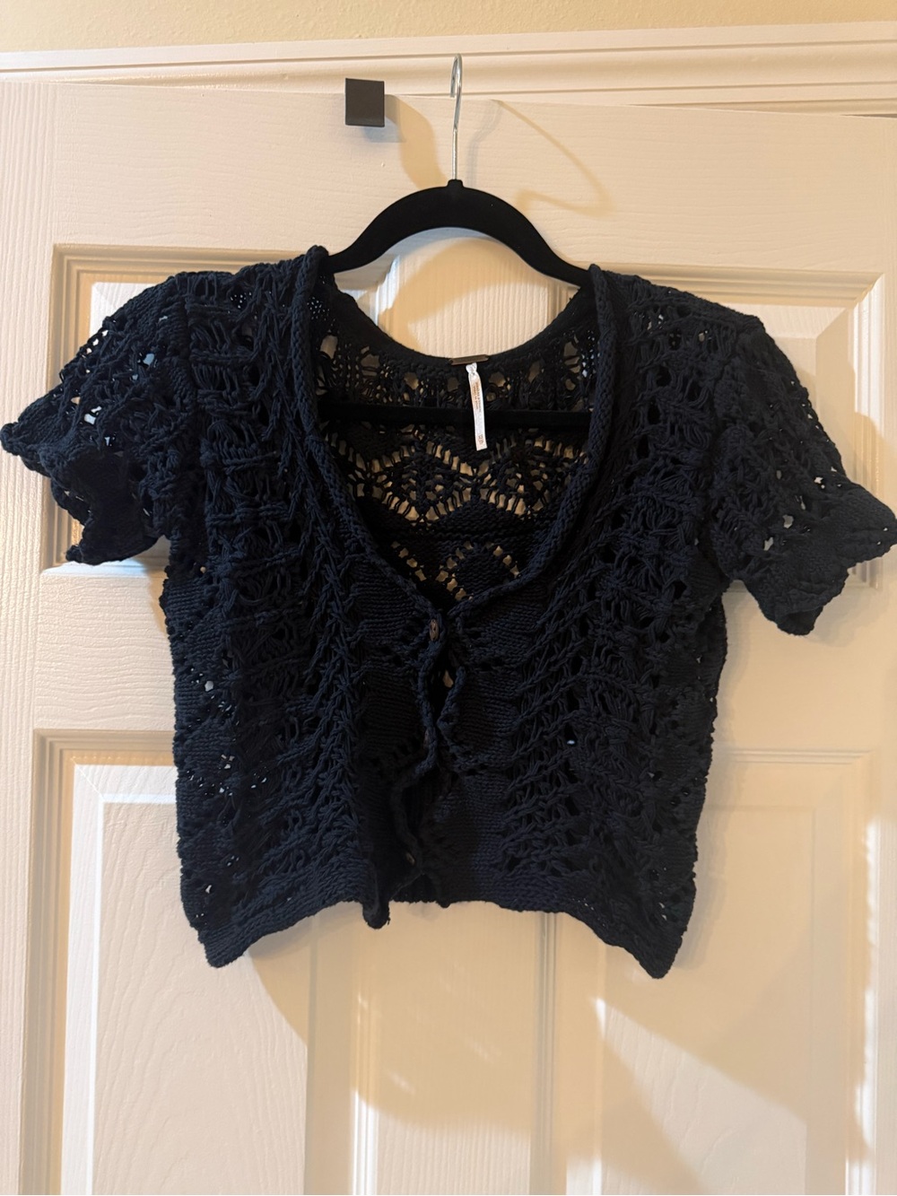 Free People Black Crocheted Short Sleeve Crop Cardigan